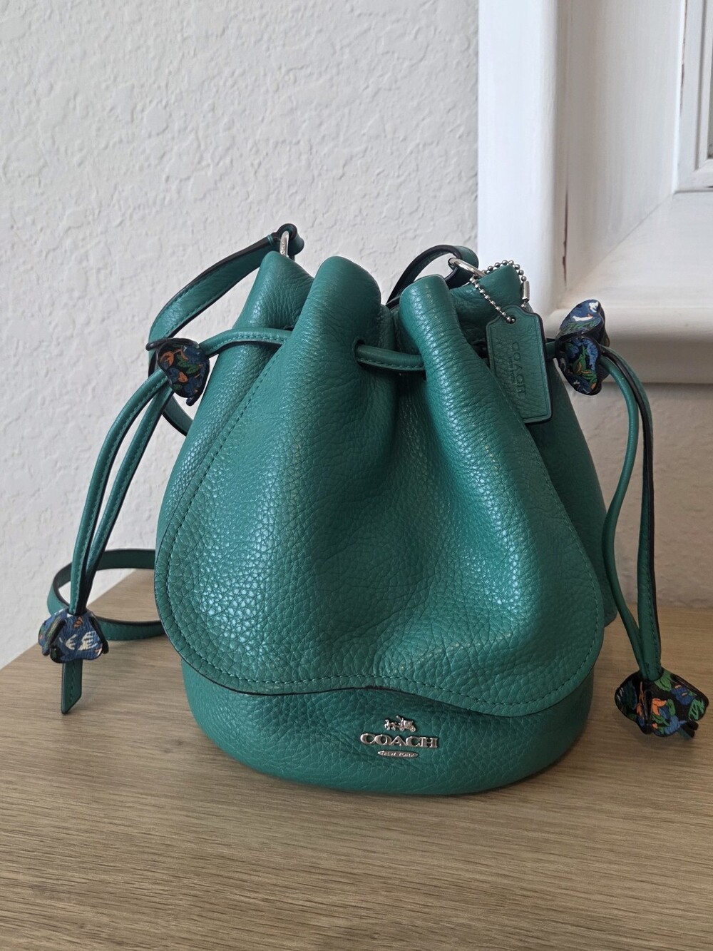 Coach Green Teal Pebbled Leather Drawstring Bucket Bag